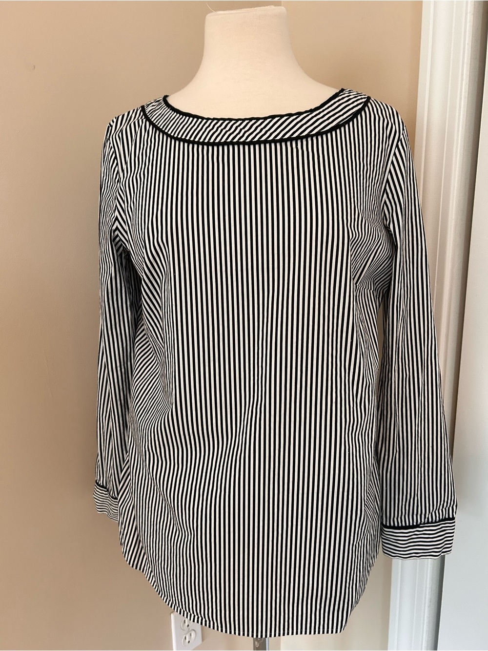 Talbots Black and White Vertical Stripe Long-Sleeve Blouse